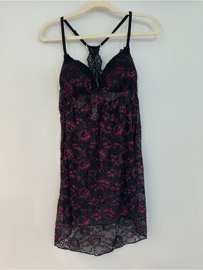 Racerback Lace Chemise Slip in Black and Fuchsia
